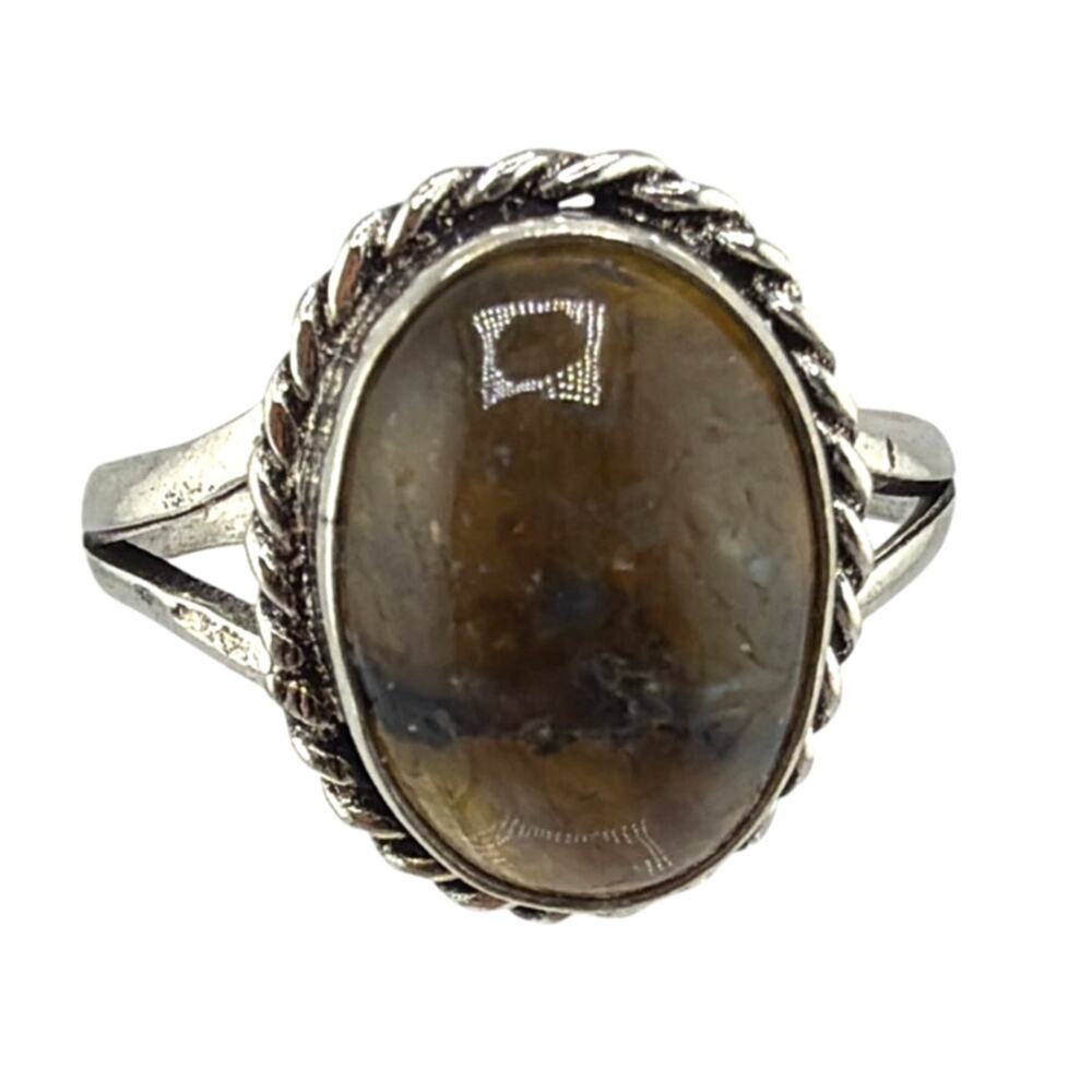 Vintage Style 925 Sterling Silver Tigers Eye Rope Twist Ring 9.5